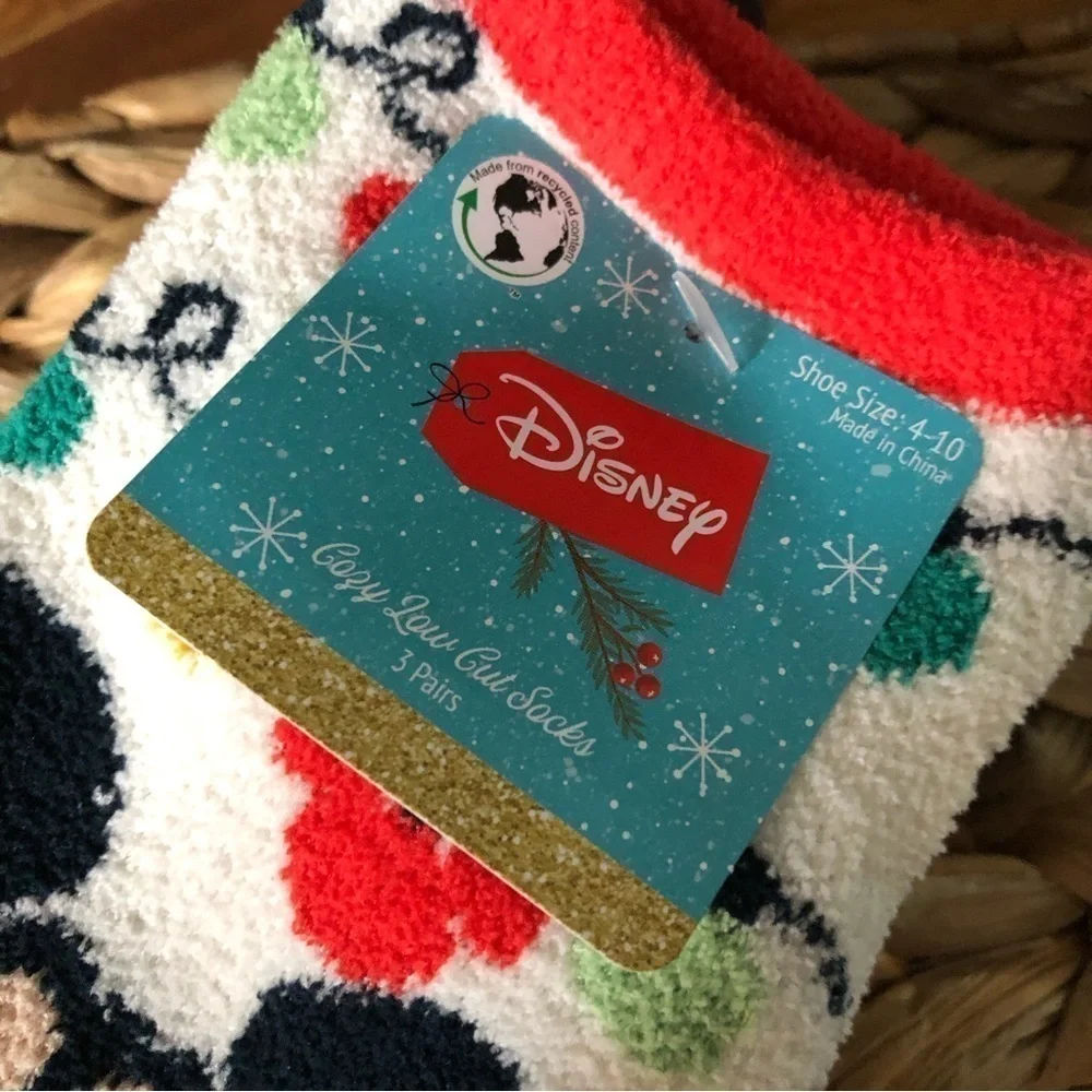 Disney: Mickey & Minnie Mouse cozy low cut socks 3 pair Christmas Winter
